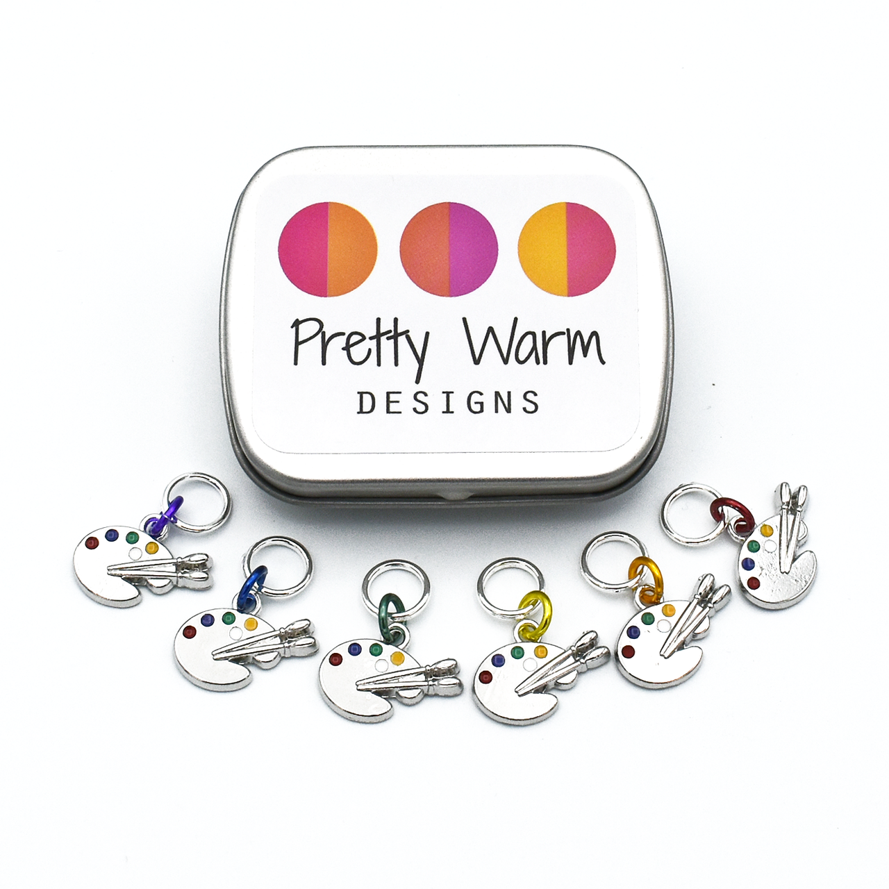 Set of six silver toned enamel inlaid artist's palette charms snag free ring stitch markers with tin for knitting by Pretty Warm Designs