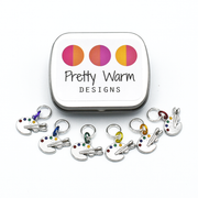 Set of six silver toned enamel inlaid artist's palette charms snag free ring stitch markers with tin for knitting by Pretty Warm Designs