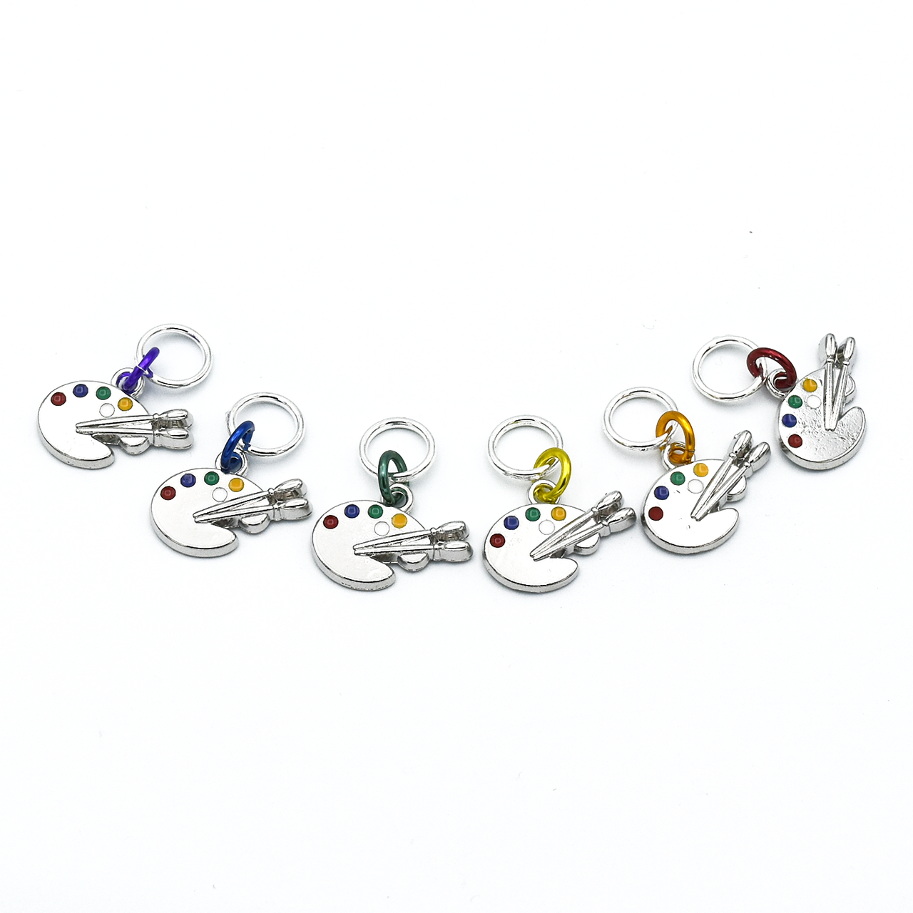 Set of six silver toned enamel inlaid artist's palette charms snag free ring stitch markers for knitting by Pretty Warm Designs