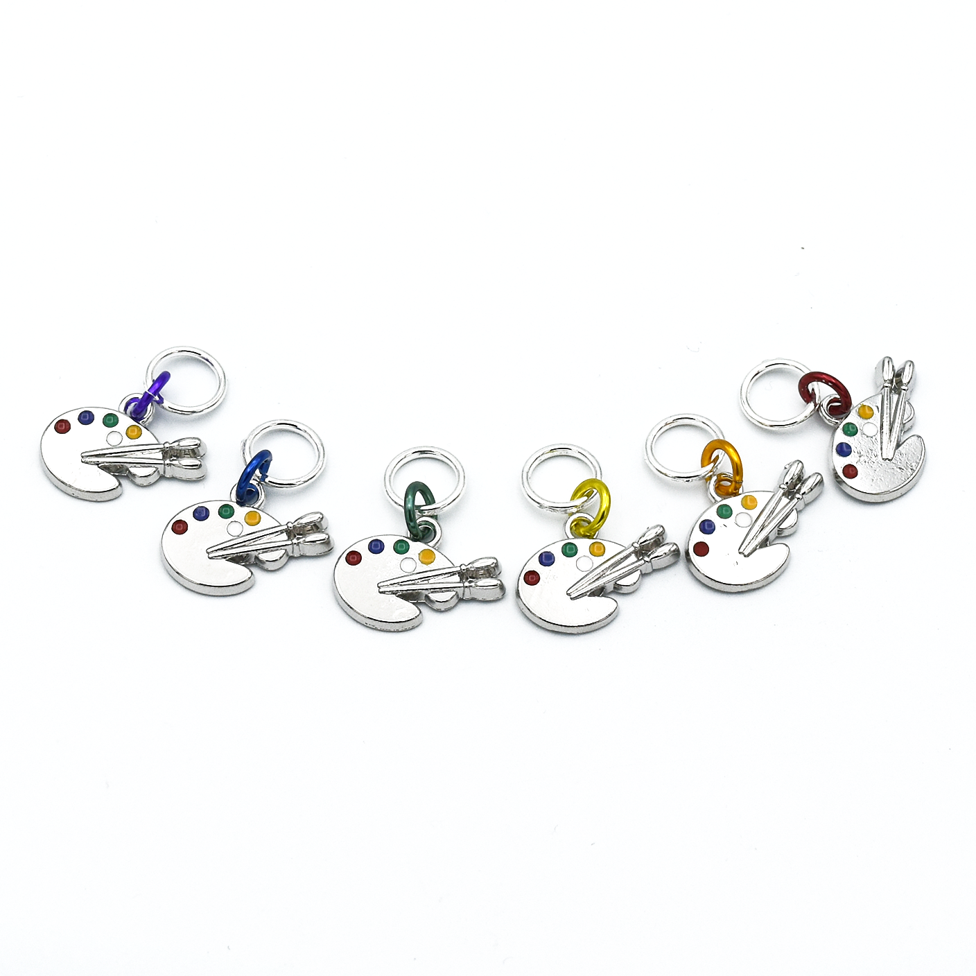 Set of six silver toned enamel inlaid artist's palette charms snag free ring stitch markers for knitting by Pretty Warm Designs