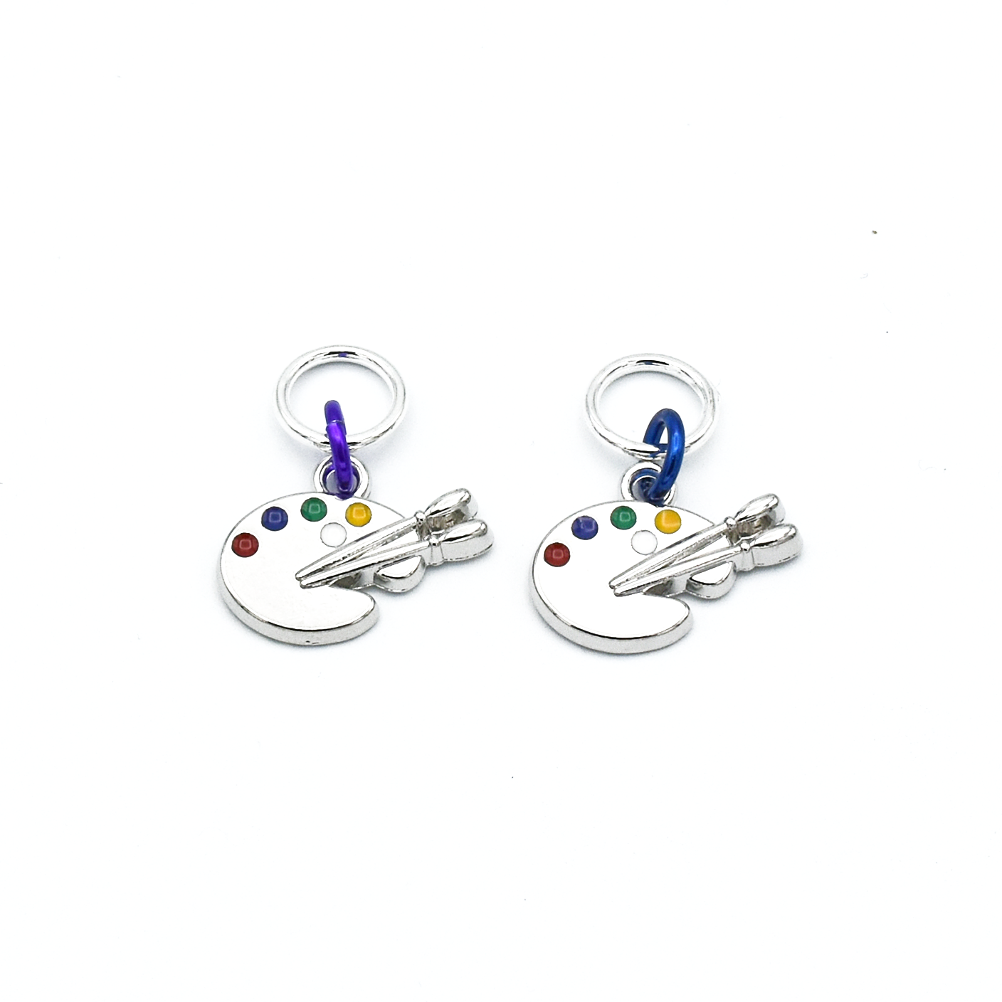 Two enamel inlaid silver toned artist's palette charms snag free ring stitch markers for knitting by Pretty Warm Designs