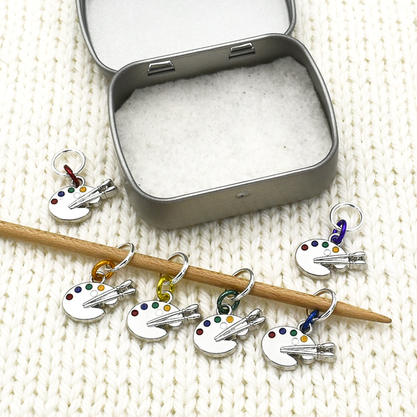 Set of six silver toned enamel inlaid artist's palette charms snag free ring stitch markers on needle with tin for knitting by Pretty Warm Designs