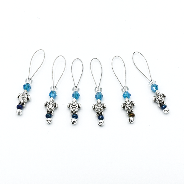 Set of six small silver turtle beads, turquoise crystal beads, glass seed beads stitch markers for knitting by Pretty Warm Designs