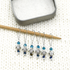 Set of six small silver turtle beads, turquoise crystal beads, glass seed beads stitch markers on needle with tin for knitting by Pretty Warm Designs
