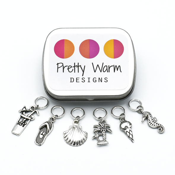 Set of six silver toned beach themed charms snag free ring stitch markers with tin for knitting by Pretty Warm Designs