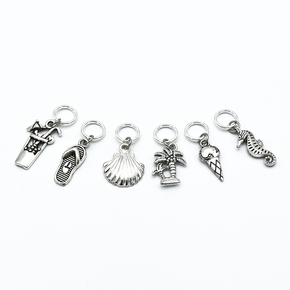 Set of six silver toned beach themed charms snag free ring stitch markers for knitting by Pretty Warm Designs