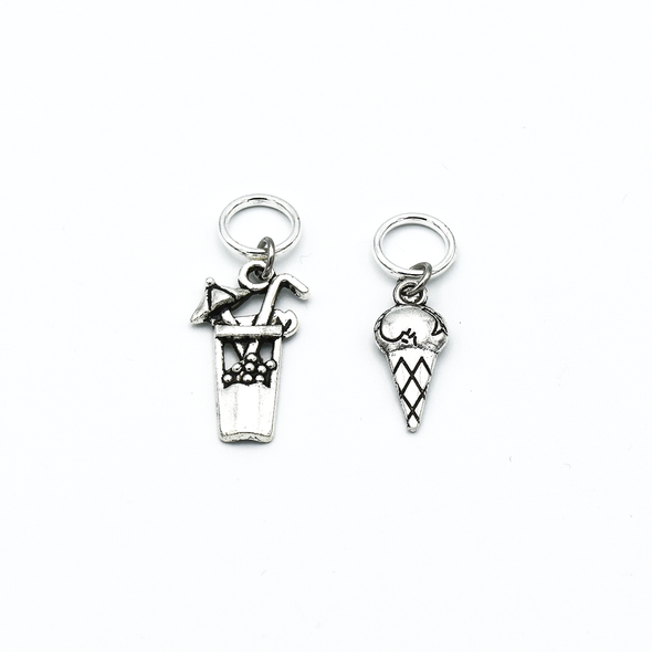 Two silver toned tropical cocktail and ice cream cone charms snag free ring stitch markers with tin for knitting by Pretty Warm Designs