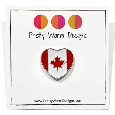 Red and white enamel on heart shaped silver metal Canadian flag pin for project bags by Pretty Warm Designs