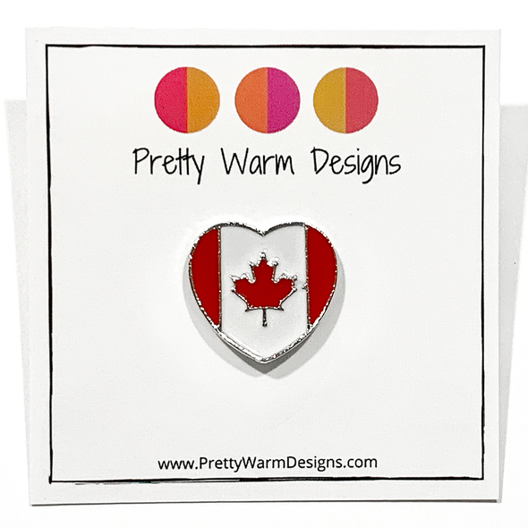 Red and white enamel on heart shaped silver metal Canadian flag pin for project bags by Pretty Warm Designs