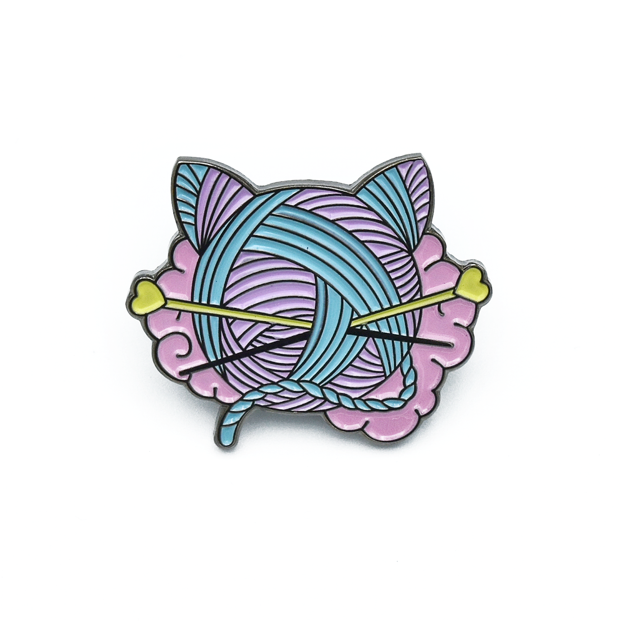 Pink, turquoise and yellow enamel on black background cat shaped yarn knitting pin by Pretty Warm Designs