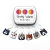 Set of six cat charms locking stitch holders with decorative tin for crochet and knitting by Pretty Warm Designs