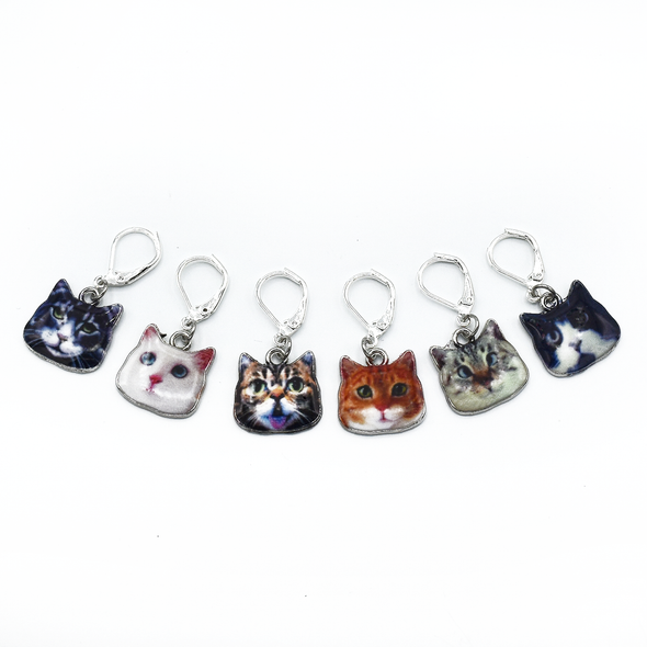Set of six cat charms locking stitch holders for crochet and knitting by Pretty Warm Designs