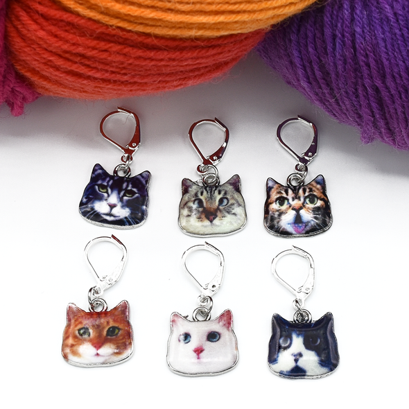 Set of six cat charms locking stitch holders with yarn for crochet and knitting by Pretty Warm Designs