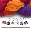 Set of six cat charms locking stitch holders with yarn and hook for crochet and knitting by Pretty Warm Designs