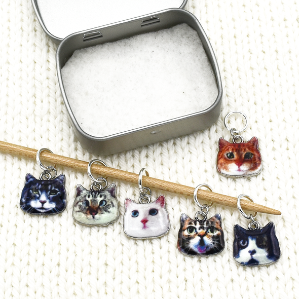 Set of six photo enamel cat charms snag free ring stitch markers on needle with tin for knitting by Pretty Warm Designs