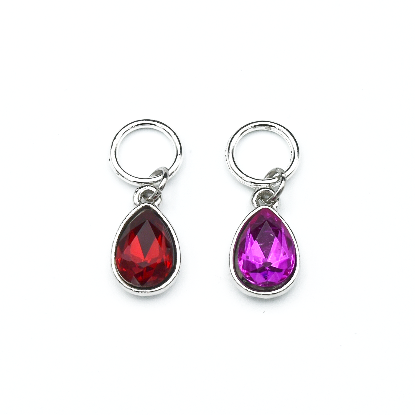 Set of two rhinestones in red and pink set in silver toned snag free ring stitch markers for knitting by Pretty Warm Designs