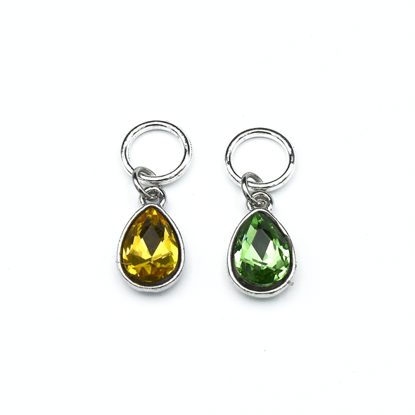 Set of two rhinestones in amber and green set in silver toned snag free ring stitch markers for knitting by Pretty Warm Designs