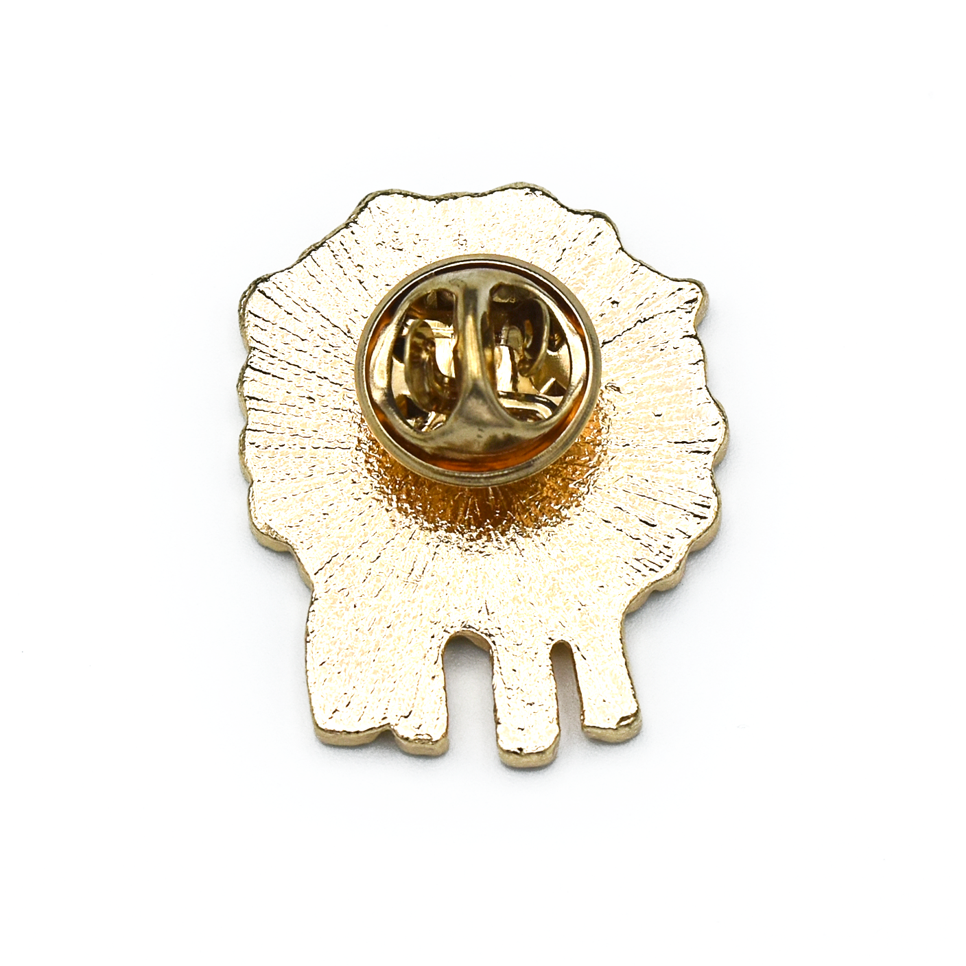Back of white, teal, yellow and red enamel on gold toned metal sheep pin by Pretty Warm Designs