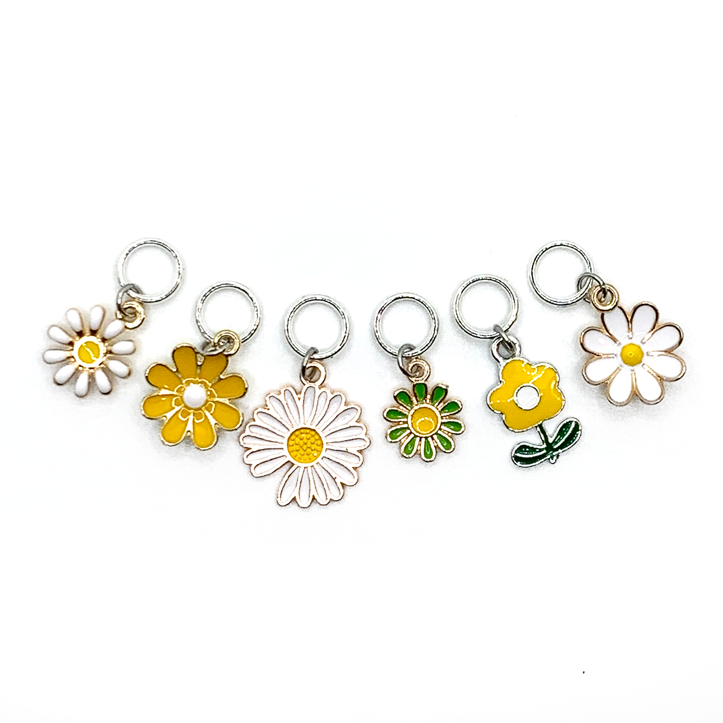 Set of six white, yellow and green enamel daisy charms snag free ring stitch markers with for knitting by Pretty Warm Designs
