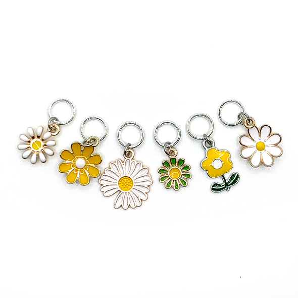 Set of six white, yellow and green enamel daisy charms snag free ring stitch markers with for knitting by Pretty Warm Designs