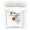 Two enamel charm crochet locking stitch markers with one white and one red daisy attached with white yarn to cardstock with Pretty Warm Designs text and logo packaged in a clear poly bag