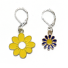 Two enamel charm crochet locking stitch markers with one yellow and one blue daisy by Pretty Warm Designs