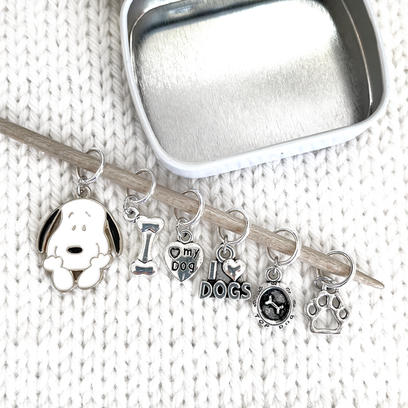 Set of 6 dog love themed snag free ring stitch markers with decorative storage tin for knitting by Pretty Warm Designs Inc.