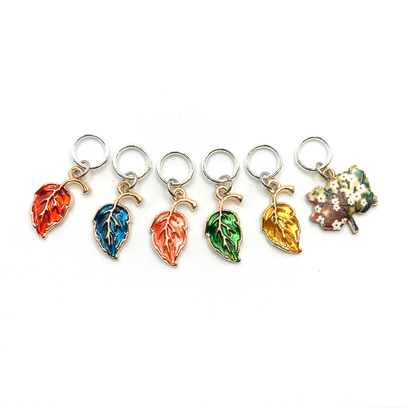 Set of five red, blue, orange, green and yellow enamel leaves and one tree charm snag free ring stitch markers for knitting by Pretty Warm Designs