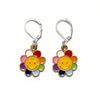 Two yellow and rainbow petal enamel happy face flower charms stitch markers with silver plated lever back clasps for crochet by Pretty Warm Designs