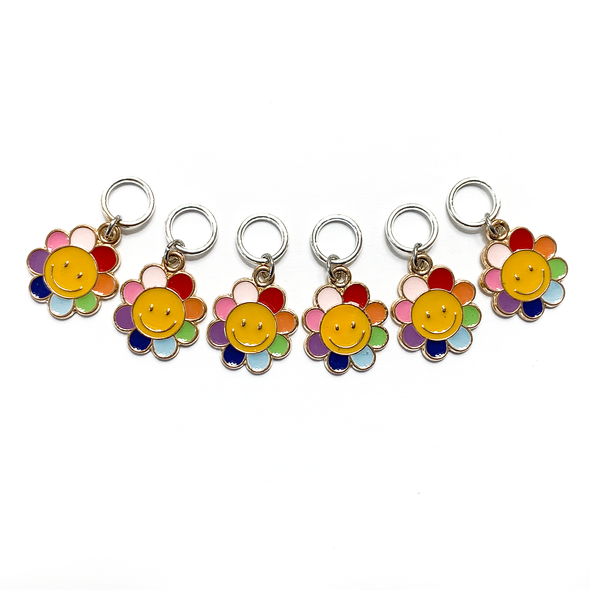 Set of six yellow and rainbow petal enamel happy face flower charms snag free ring stitch markers for knitting by Pretty Warm Designs