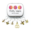 Set of 6 honey bee themed enamel charms locking crochet stitch markers for crochet with decorative tin by Pretty Warm Designs