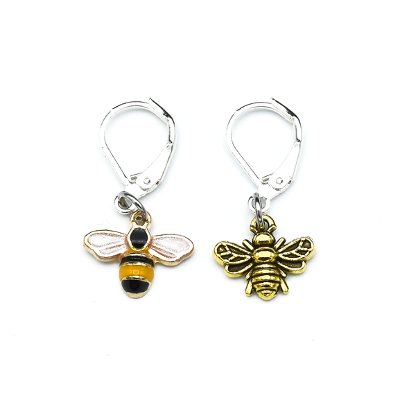 Two bee themed enamel charms locking crochet stitch markers for crochet by Pretty Warm Designs