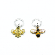 Two gold toned bee charm snag free ring stitch markers for knitting by Pretty Warm Designs