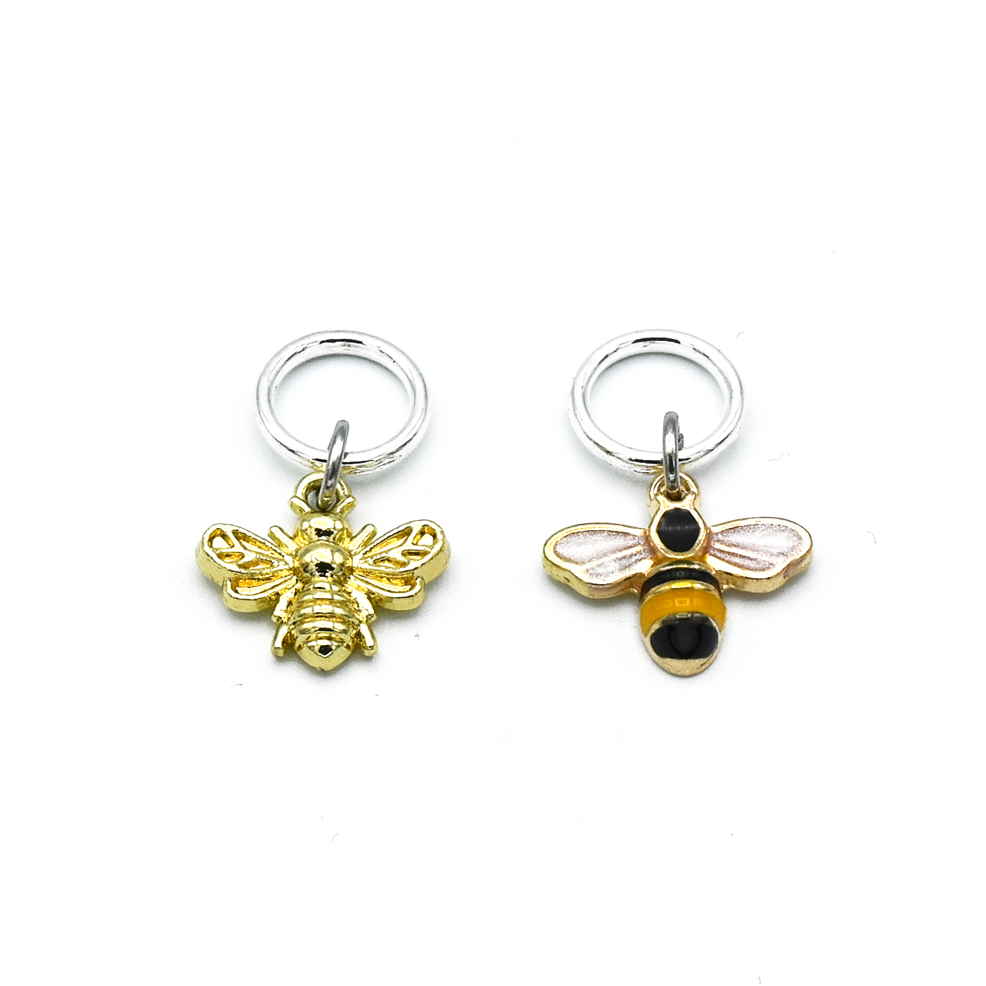 Two gold toned bee charm snag free ring stitch markers for knitting by Pretty Warm Designs