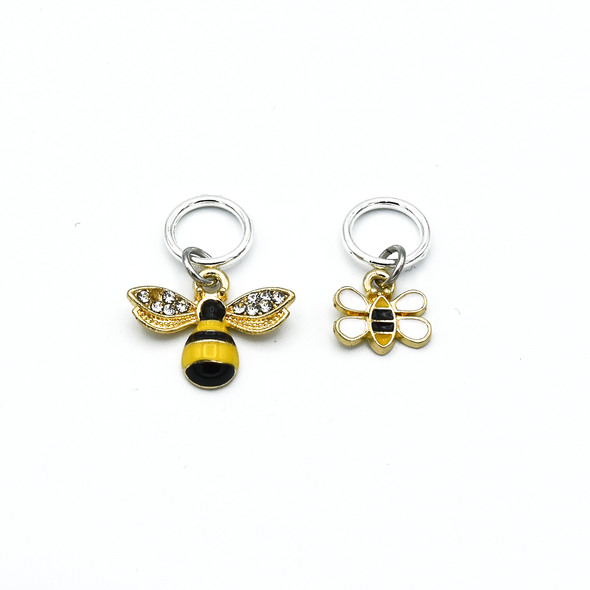Two gold toned bee charm snag free ring stitch markers for knitting by Pretty Warm Designs