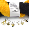 Set of six gold toned bee themed charms snag free ring stitch markers with yarn for knitting by Pretty Warm Designs