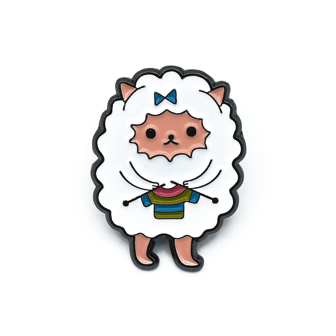 White and multicoloured enamel on black background sweater knitting sheep brooch pin by Pretty Warm Designs