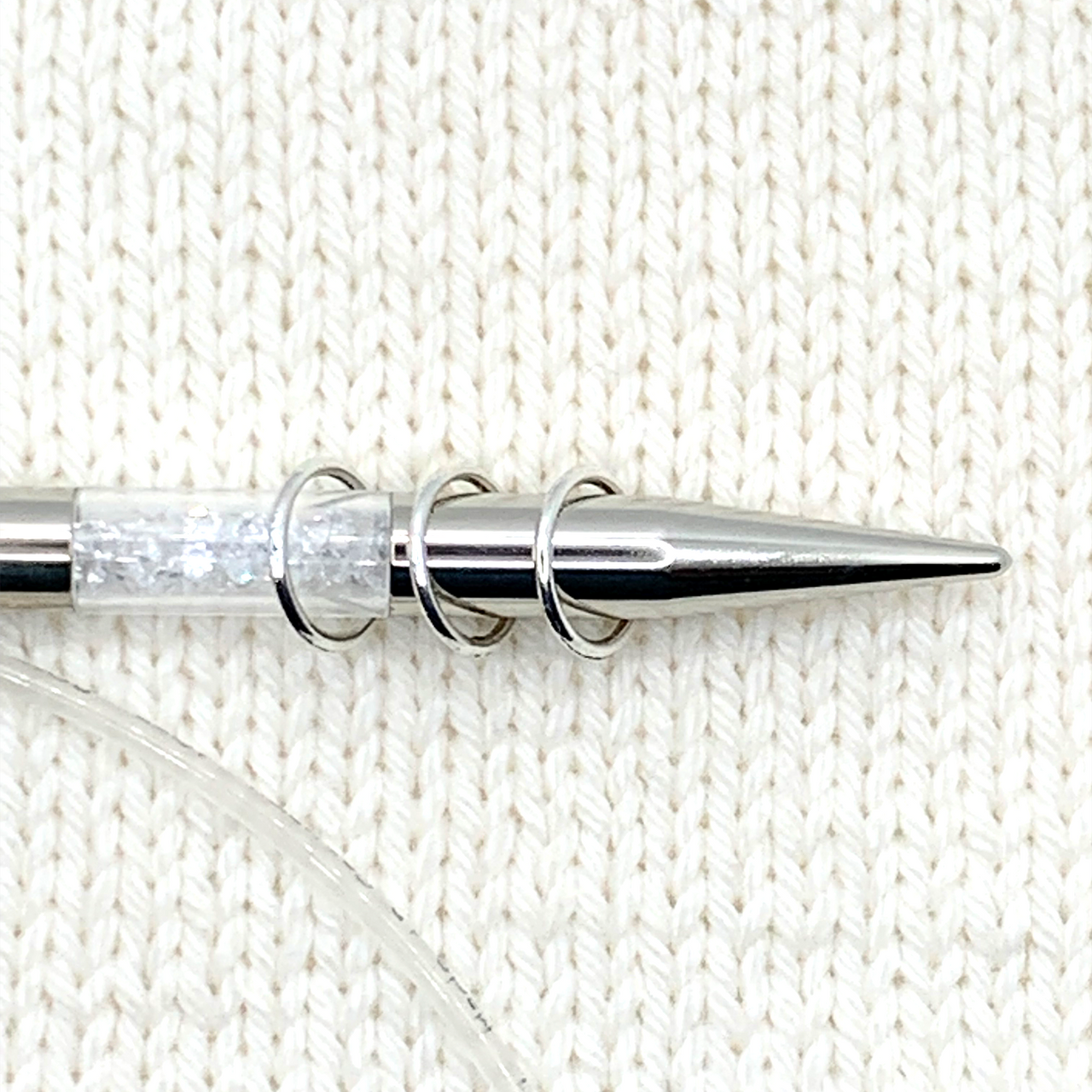 Three large ring silver plated stitch markers on circular knitting needle size 10mm (US 18) Pretty Warm Designs