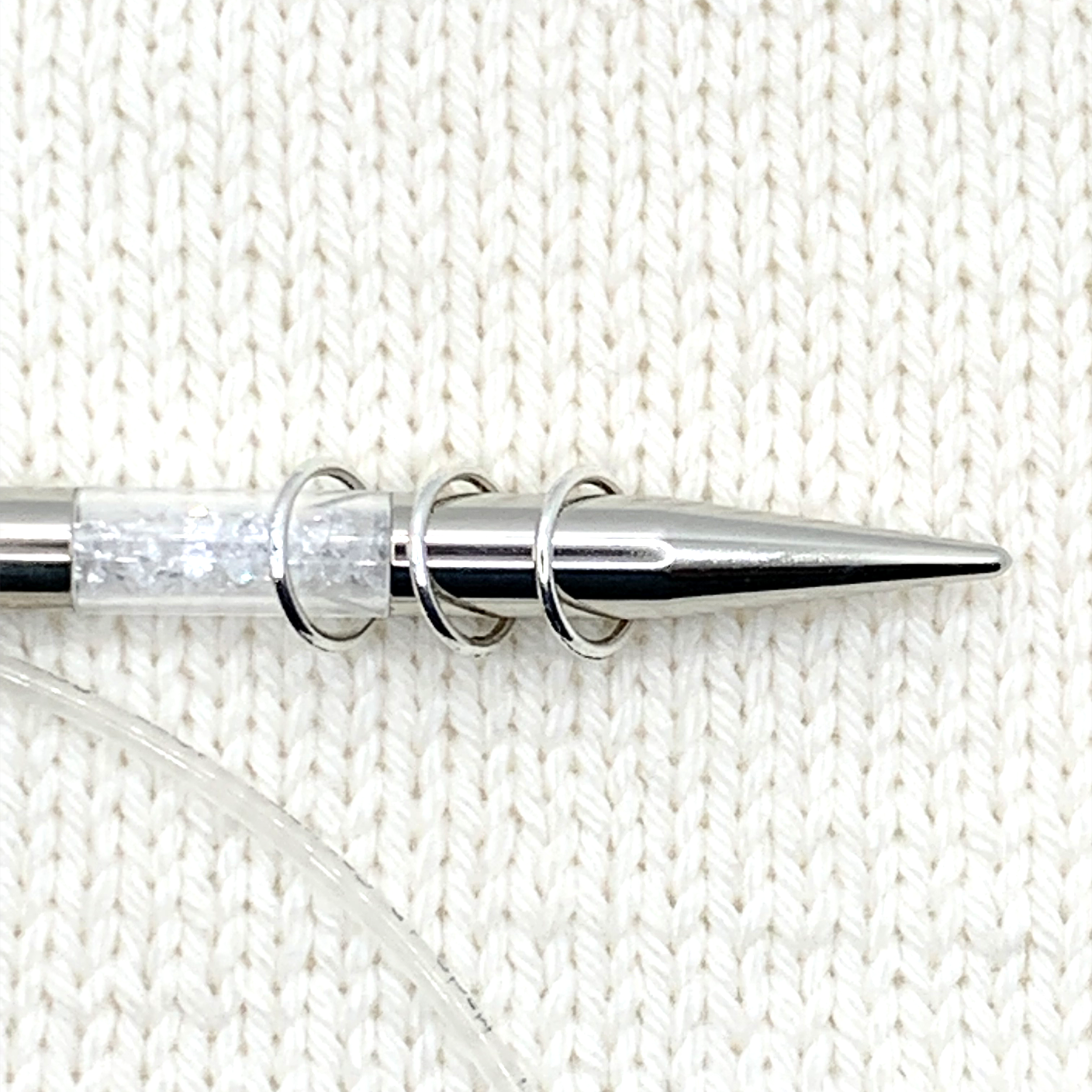 Three large ring silver plated stitch markers on circular knitting needle size 10mm (US 18) Pretty Warm Designs