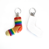 Two large sock charm stitch markers, one showing the front and one showing the back, for knitting by Pretty Warm Designs Inc