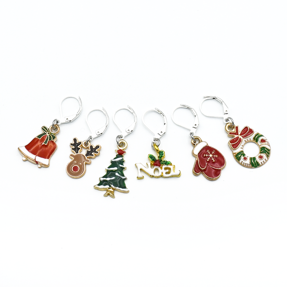 Set of six different Christmas themed charms locking stitch holders for crochet and knitting by Pretty Warm Designs