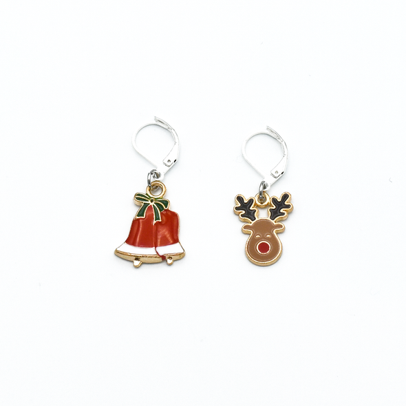 Two Christmas bells and reindeer charms locking stitch holders for crochet and knitting by Pretty Warm Designs