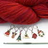 Set of six different Christmas themed charms locking stitch holders with hook and yarn for crochet and knitting by Pretty Warm Designs