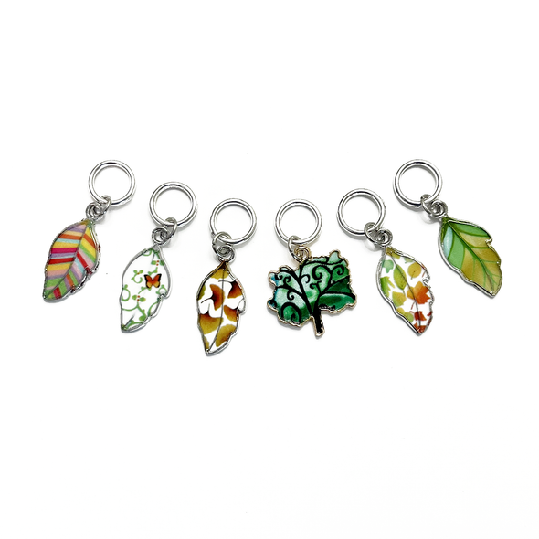 Set of six multi coloured enamel leaf and tree charms snag free ring stitch markers for knitting by Pretty Warm Designs