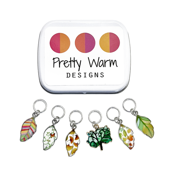 Set of six multi coloured enamel leaf and tree charms snag free ring stitch markers with tin for knitting by Pretty Warm Designs