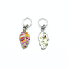 Two multi coloured enamel leaf charms snag free ring stitch markers for knitting by Pretty Warm Designs