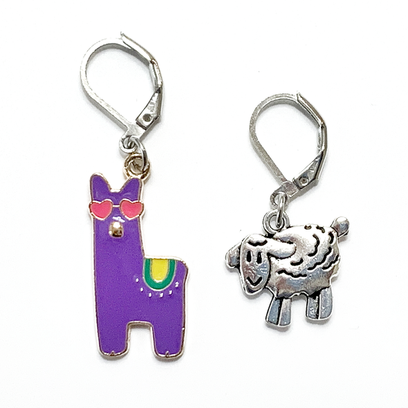 Purple enamel llama crochet stitch marker with pink heart eyes and yellow and green accents plus antique silver lamb locking crochet stitch marker sold by Pretty Warm Designs Inc.