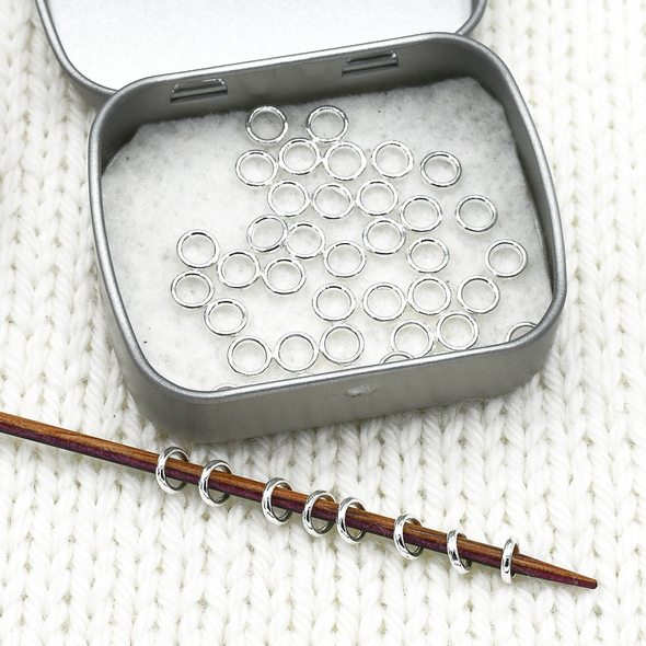 Set of 50 mini ring stitch markers with tin on needle for knitting by Pretty Warm Designs