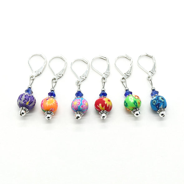 Set of six multi coloured flower beads, blue crystal beads, seed beads and silver plated lever back clasps stitch markers for crochet by Pretty Warm Designs