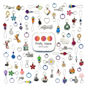 A wide assortment of colourful snag free stitch markers for knitting with a decorative storage tin by Pretty Warm Designs Inc